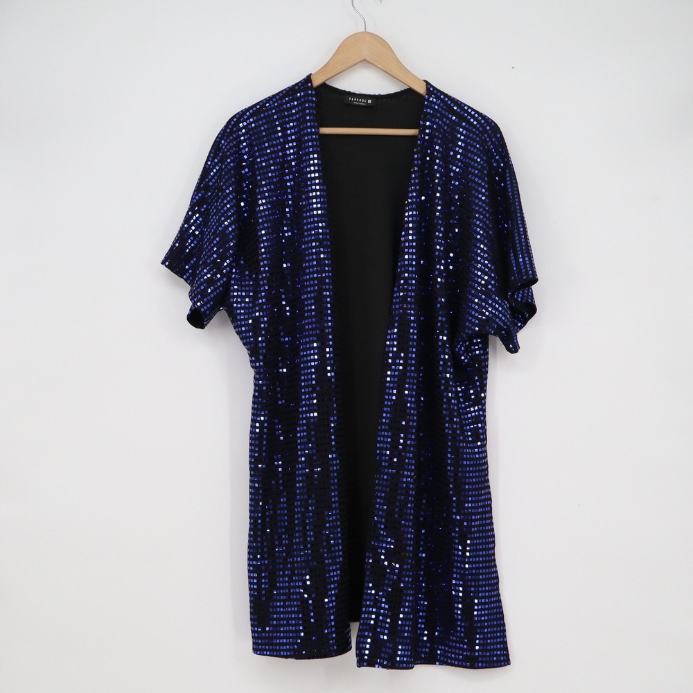 Paperoc Womens Blue Sequin Open Front Kimono Cardigan Jacket Size M